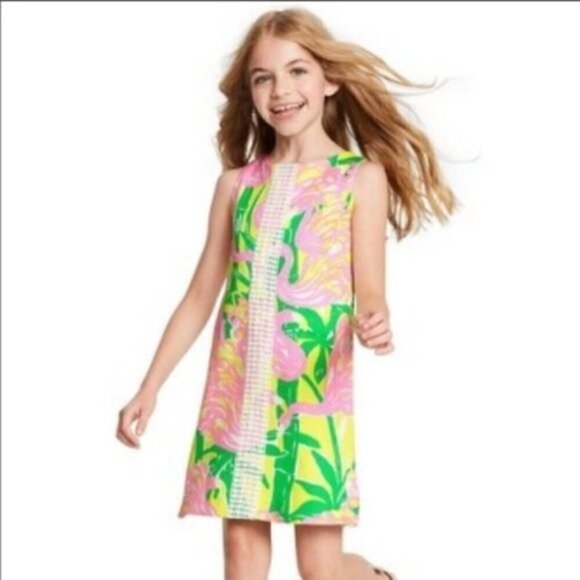 NEW Lilly Pulitzer for Target Flamingo Fan Dance Girls Shift Dress L - Picture 2 of 7